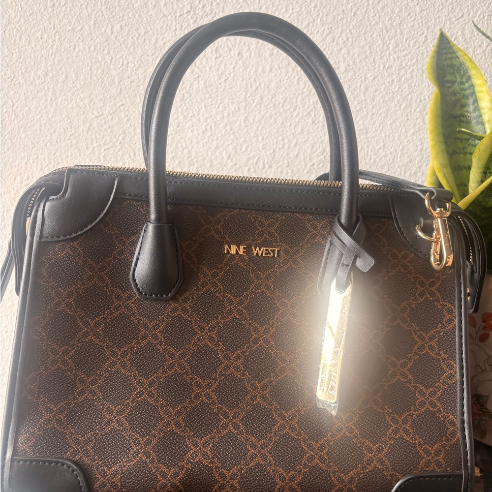 Nine West Brown & Black Monogram Satchel with Gold Hardware